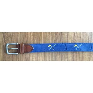 Jos A Bank Embroidered Blue Canvas Golf Belt Men's Brown Leather Sz 44